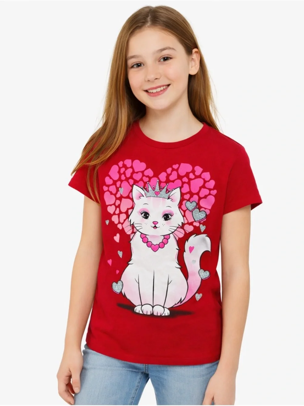The Children’s Place Girls Cat Heart Graphic Tee‎ Red Pink Size L 10-12